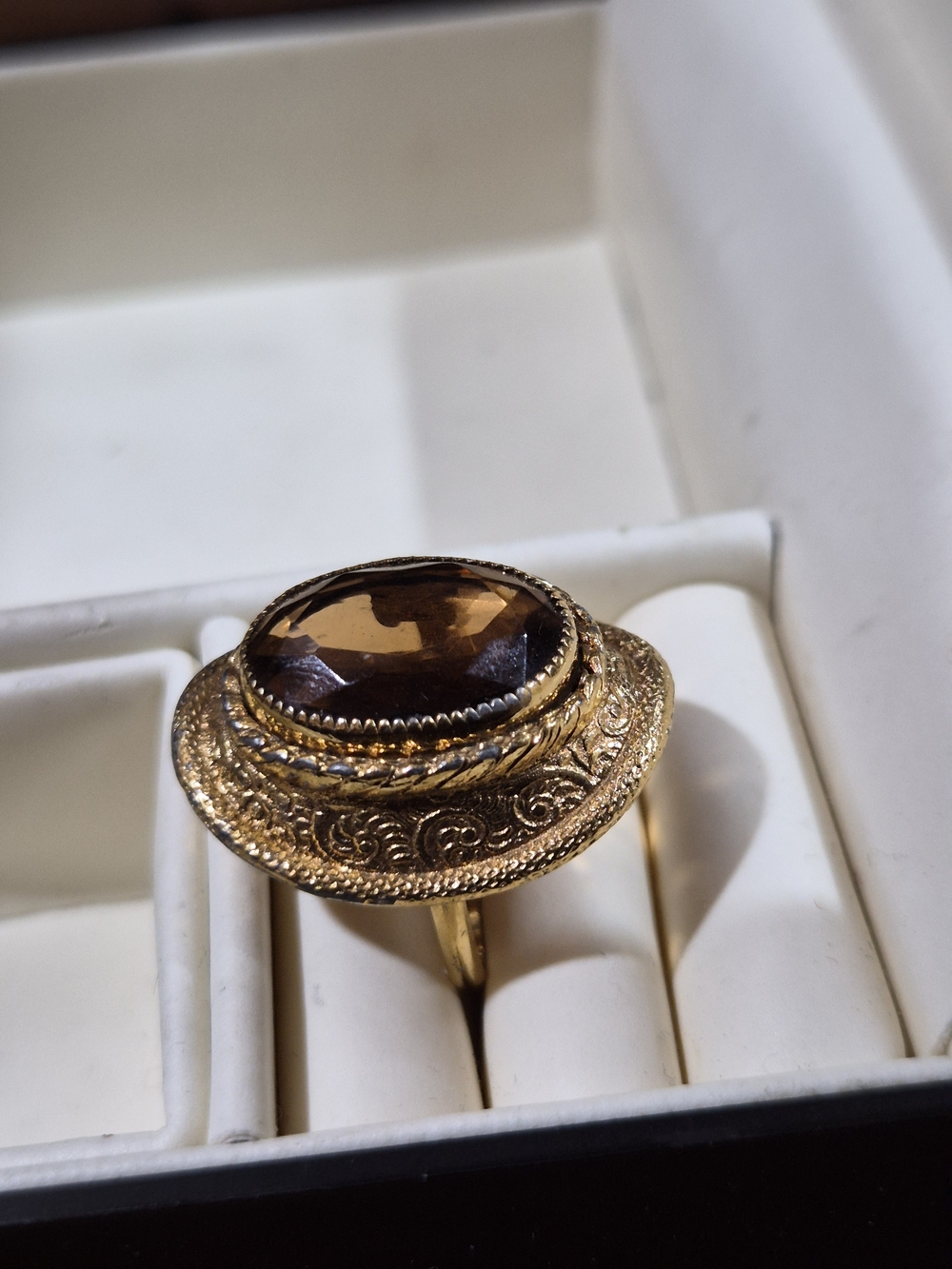 Sarah Coventry Gold Tone Ring with Smoky Brown Oval Stone